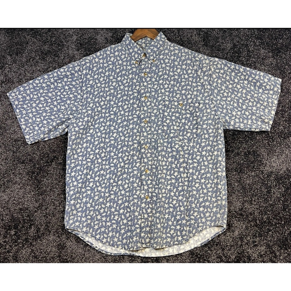 Vintage Bugle Boy Company Mens L‎ Shells Starfish Button Down Short Sleeve Shirt